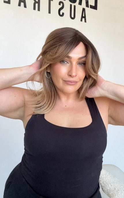 heat safe, glueless synthetic wig, australia best synthetics, layered hair with curtain bangs.
