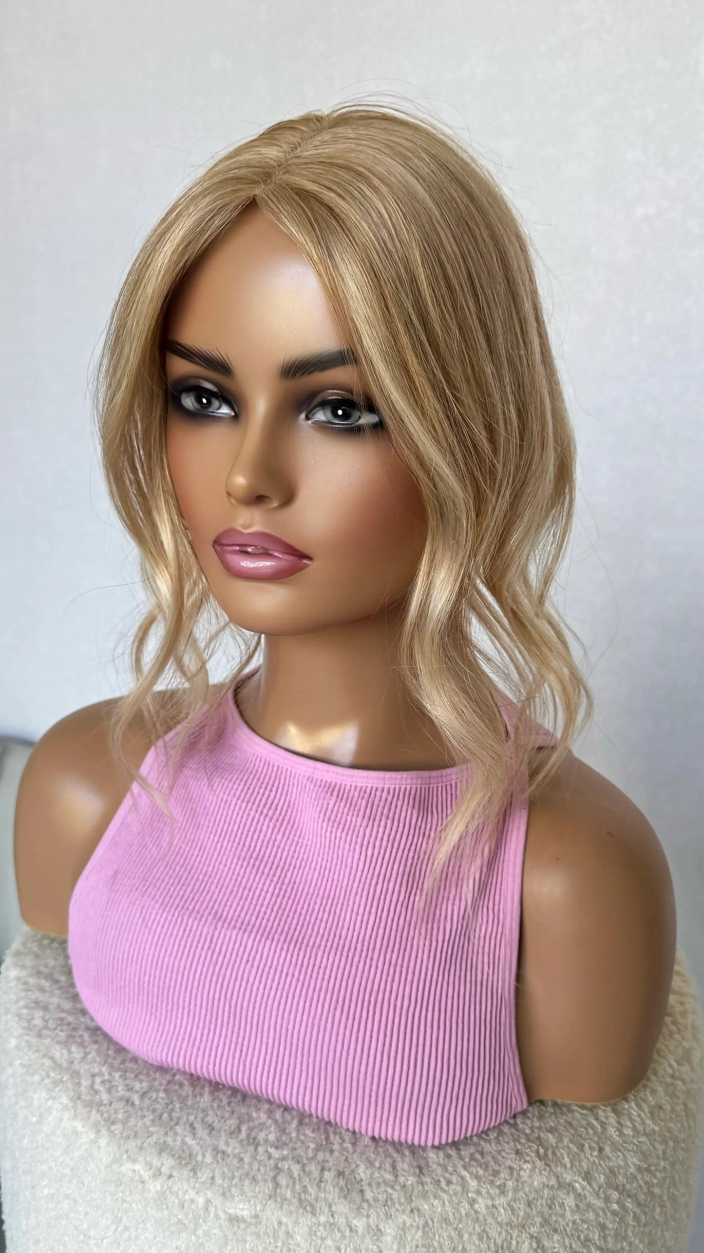 mini topper 16 inch golden honey blonde human hair topper.