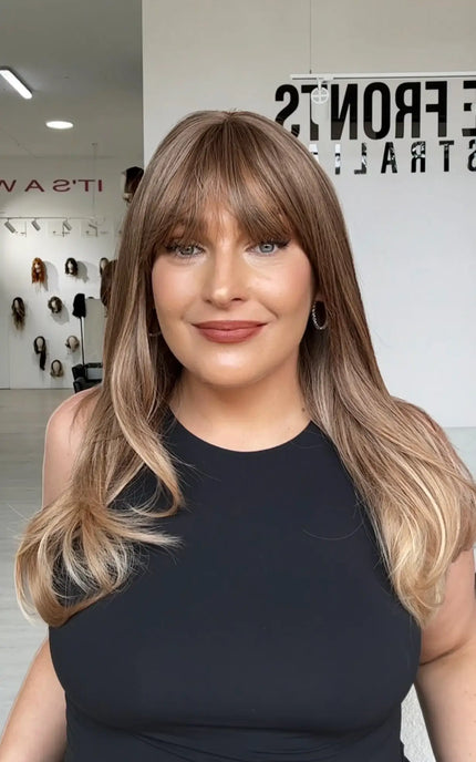 light brunette golden hair with fringe and middle part, straight hair wig with heat safe fibres for easy styling and wear.