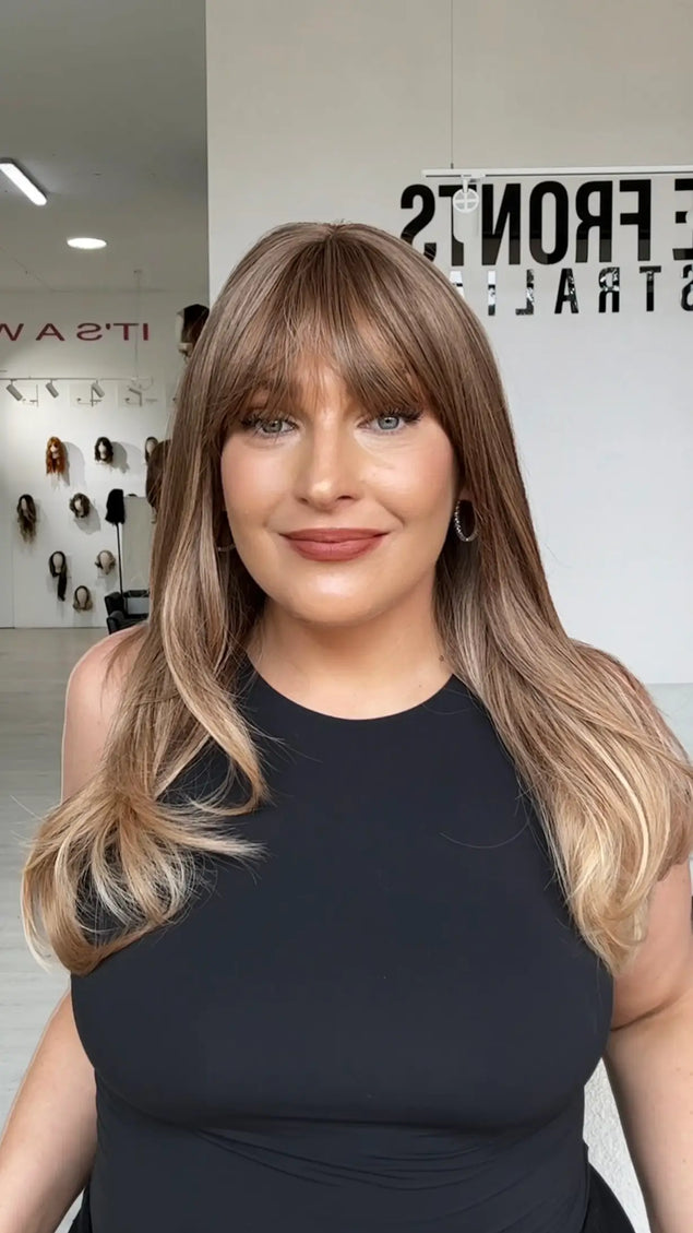 light brunette golden hair with fringe and middle part, straight hair wig with heat safe fibres for easy styling and wear.