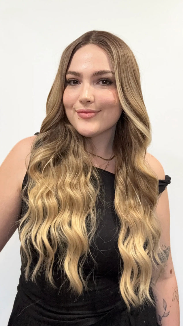 wavy long golden ombre hair wig, heat safe synthetic, glueless wig australia, gold coast.