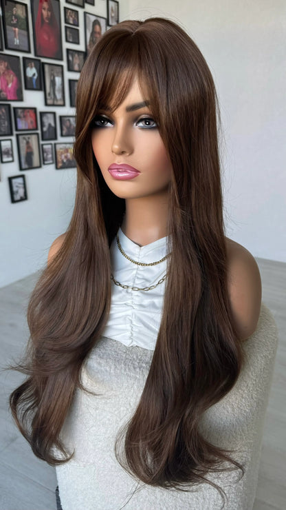 fringe brown hair wig middle part, long hair.