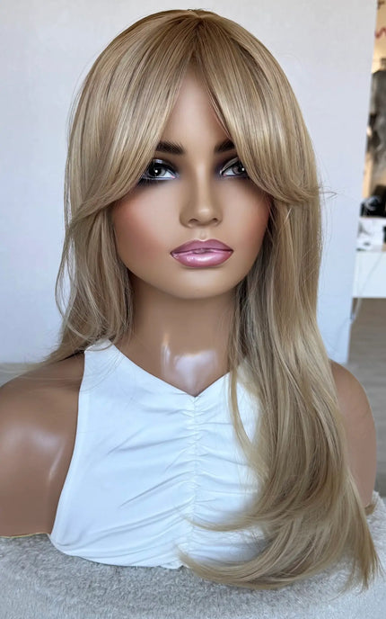 half hair to the back, curtain bangs middle part synthetic