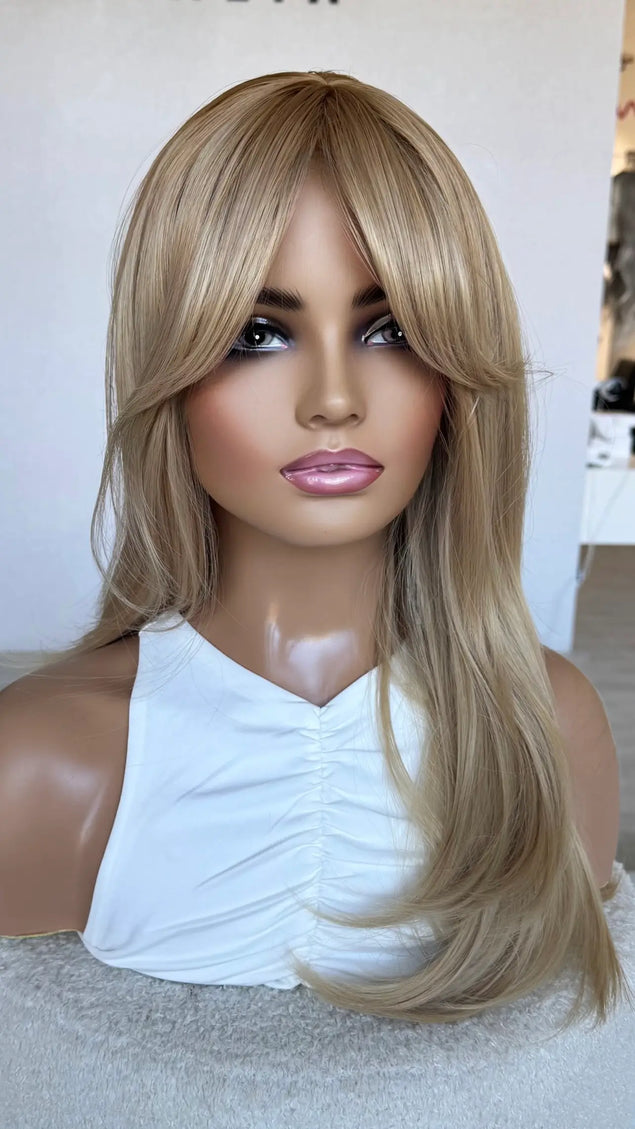 half hair to the back, curtain bangs middle part synthetic