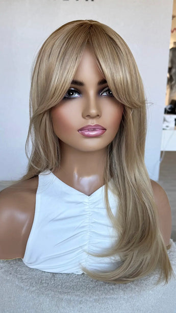 half hair to the back, curtain bangs middle part synthetic
