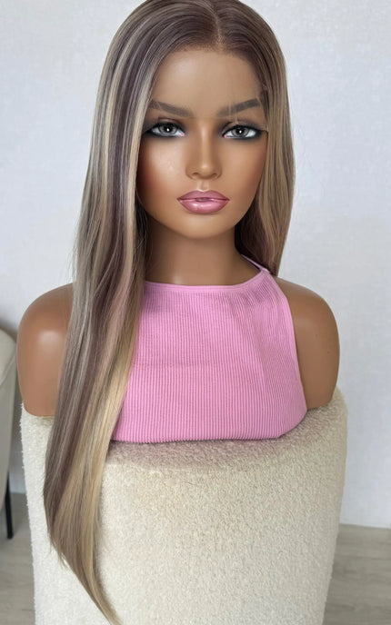 ash blonde synthetic wig , middle part with ash root.