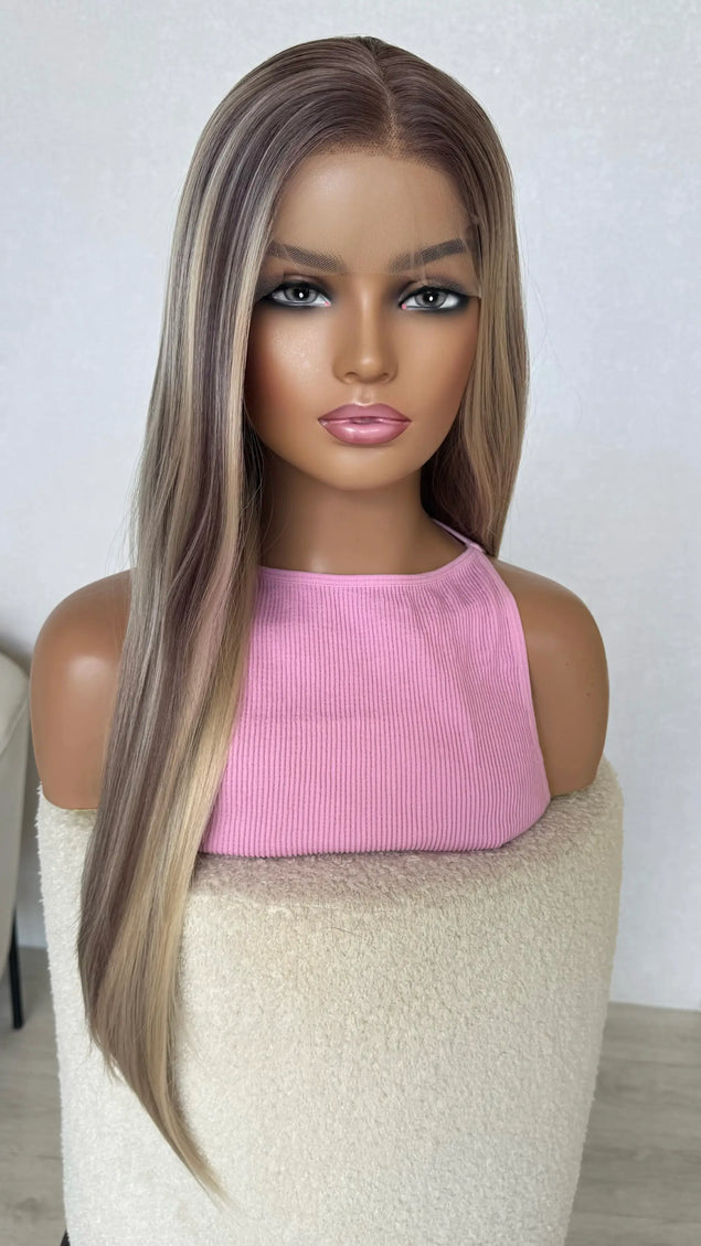 ash blonde synthetic wig , middle part with ash root.