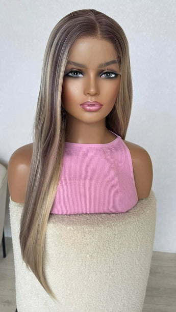 ash blonde synthetic wig , middle part with ash root.