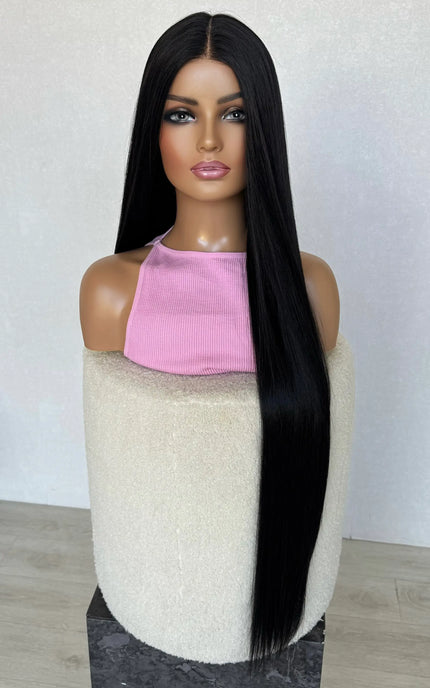 salem black wig- half hair forward, half back. middle part, t-part cap. heat safe glueless synthetic wig australia.