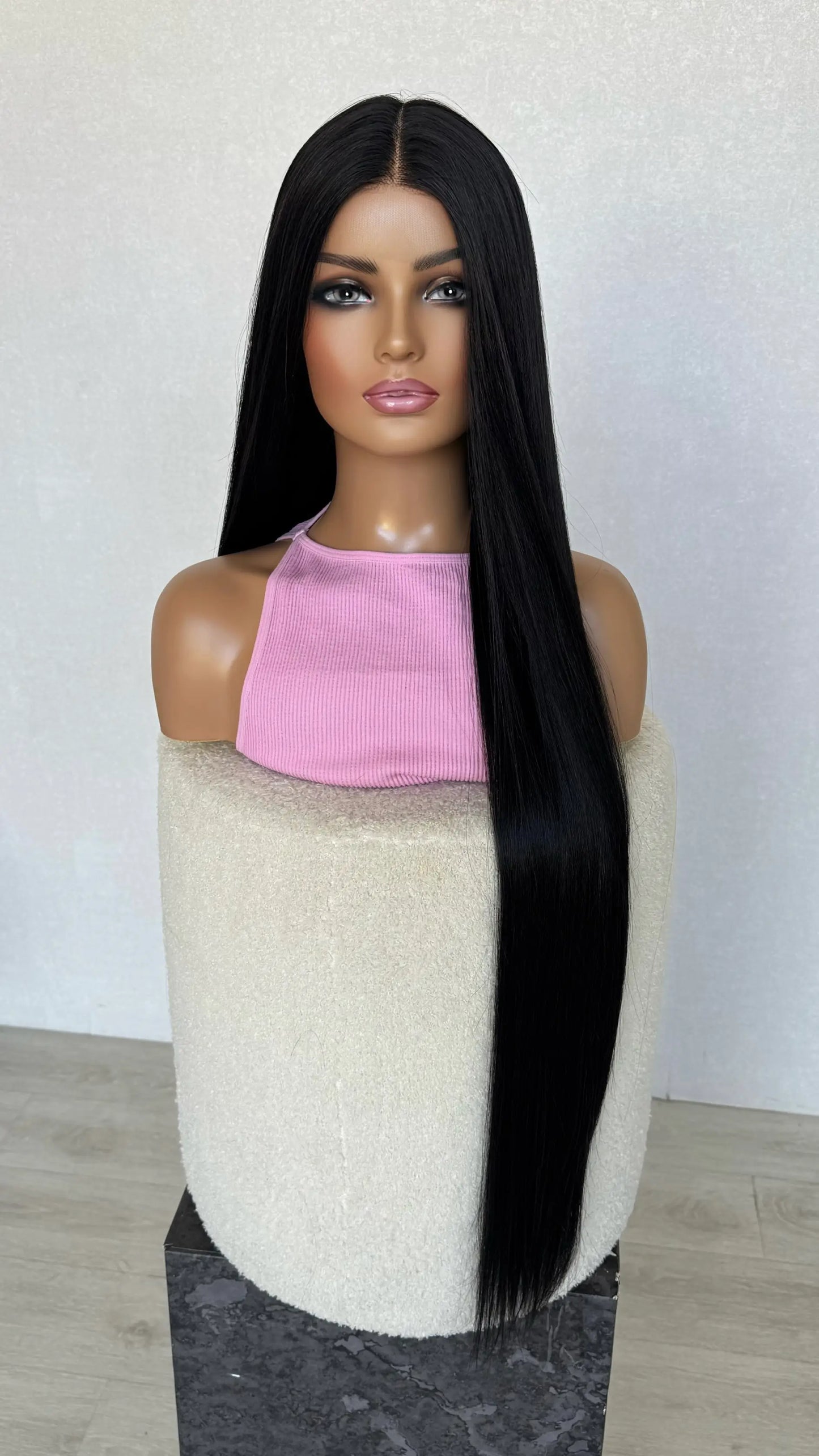 salem black wig- half hair forward, half back. middle part, t-part cap. heat safe glueless synthetic wig australia.