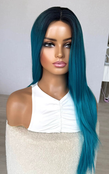 half hair back half forward, blue synthetic hair , dark root, straight hair.