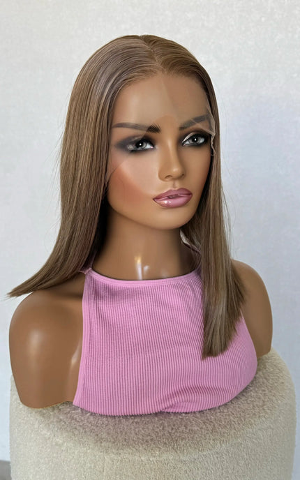 half hair back half forward, long bob  length . dark golden blonde lacefront, glueless wig australia.