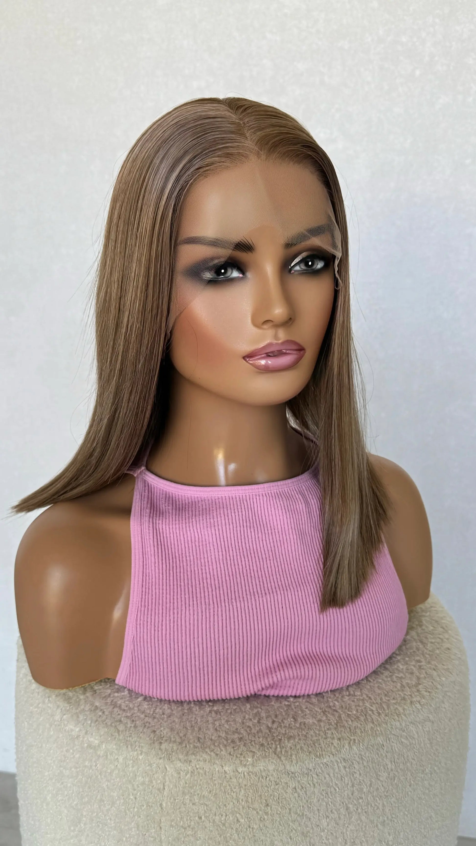 half hair back half forward, long bob  length . dark golden blonde lacefront, glueless wig australia.