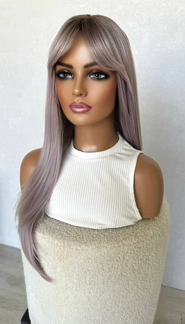 half hair back half forward, middle part, purple hair synthetic topper.