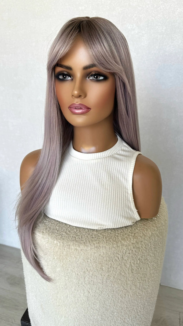 half hair back half forward, middle part, purple hair synthetic topper.