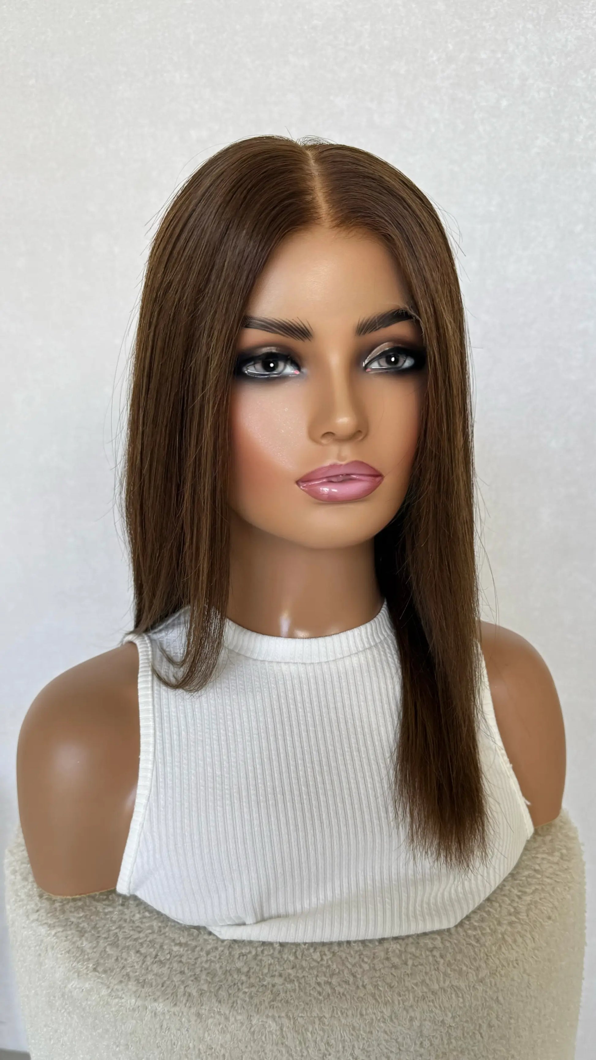 half hair back half forward, middle part, golden brunette, lace front wig australia.
