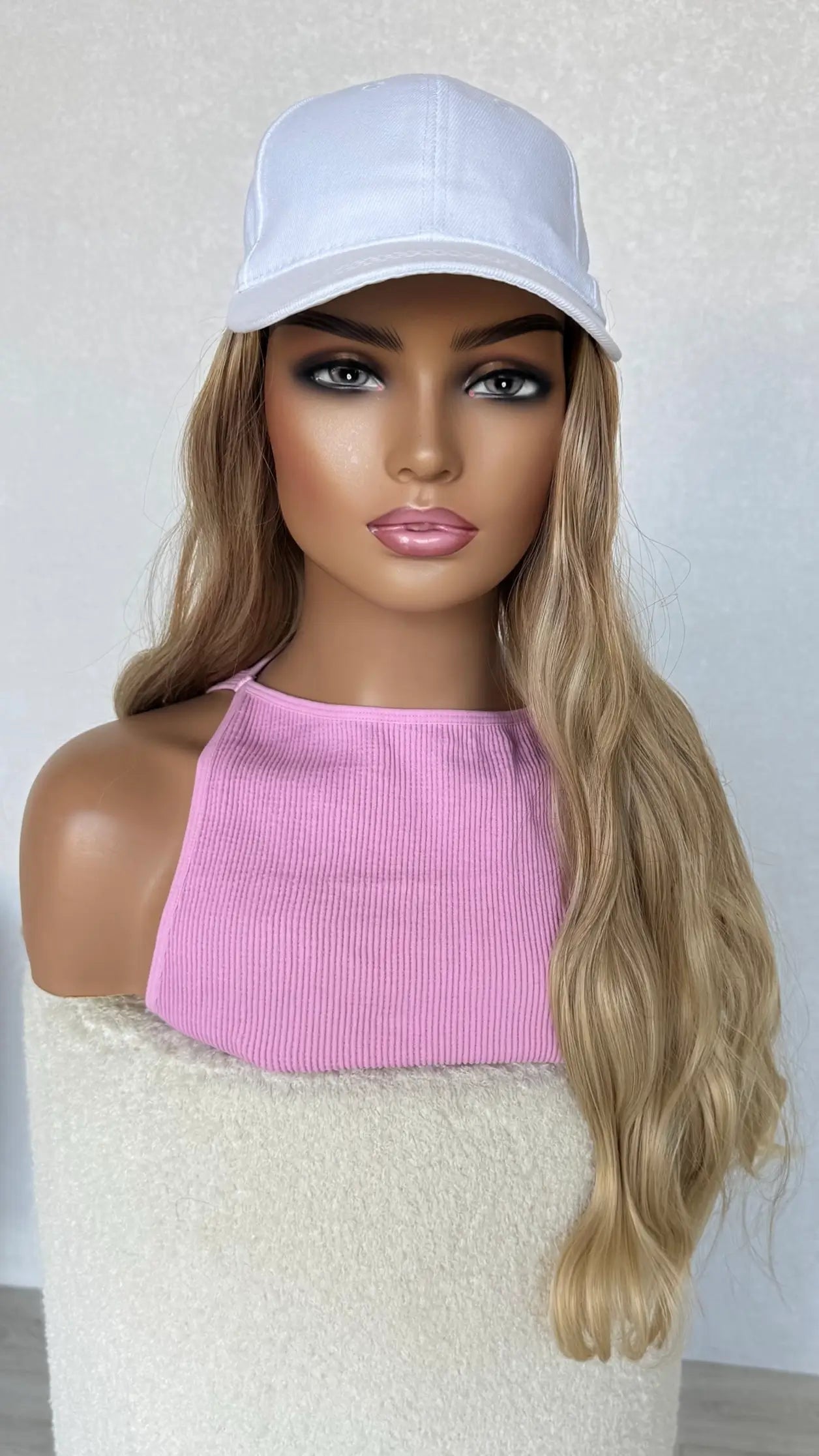synthetic hat wig half hair back creamy golden blonde hair, heat safe wig australia.