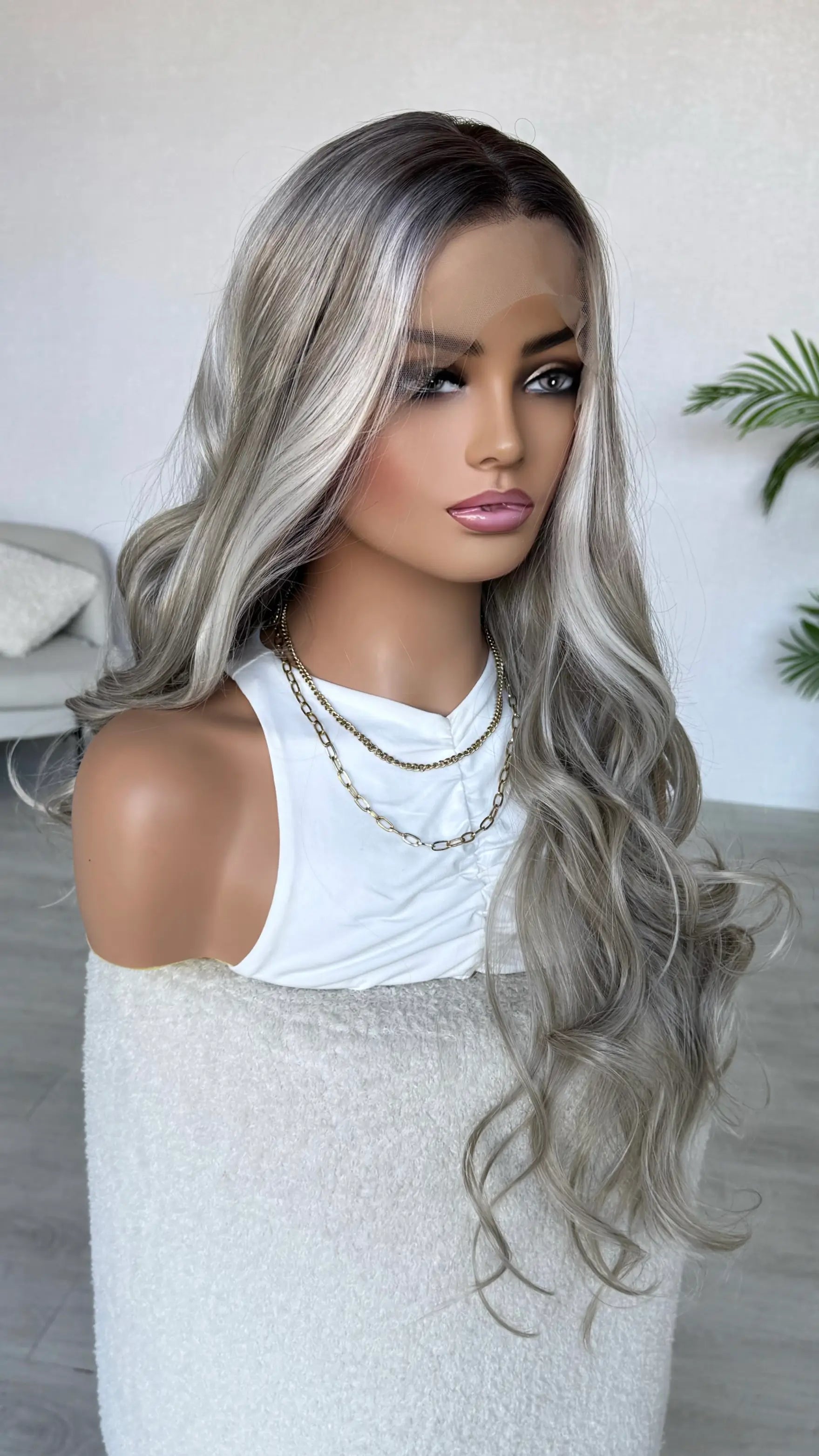 silver blonde lacefront, half hair back. glueless wig australia.