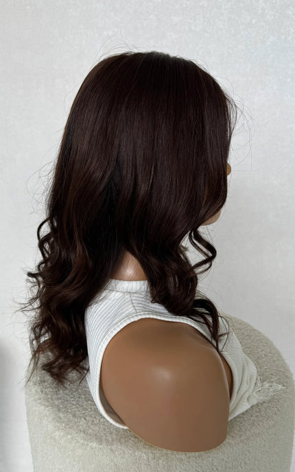 gluelesss daily wig with dark brunette human hair for women with hairloss, alopecia, chemotherapy australia.