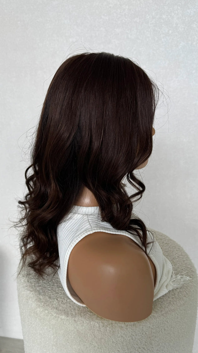 gluelesss daily wig with dark brunette human hair for women with hairloss, alopecia, chemotherapy australia.