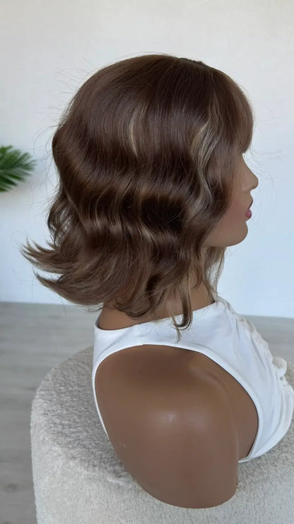 side on view hazelnut wig, 10-12 inch curly wig