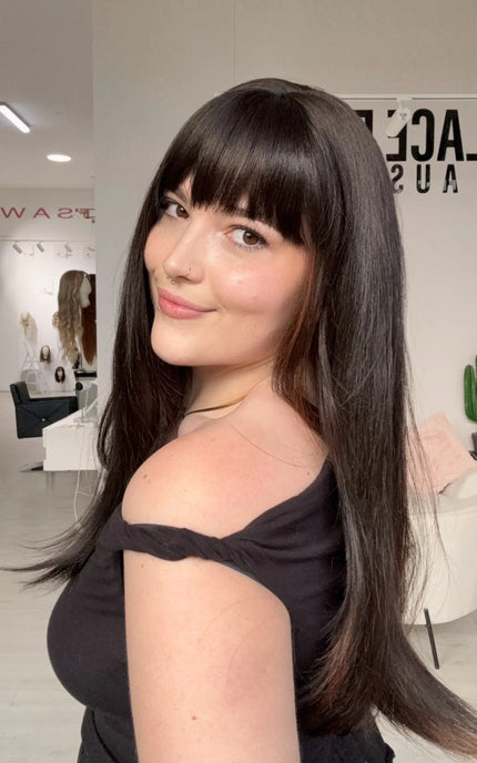 heat safe long dark brunette synthetic wig.
