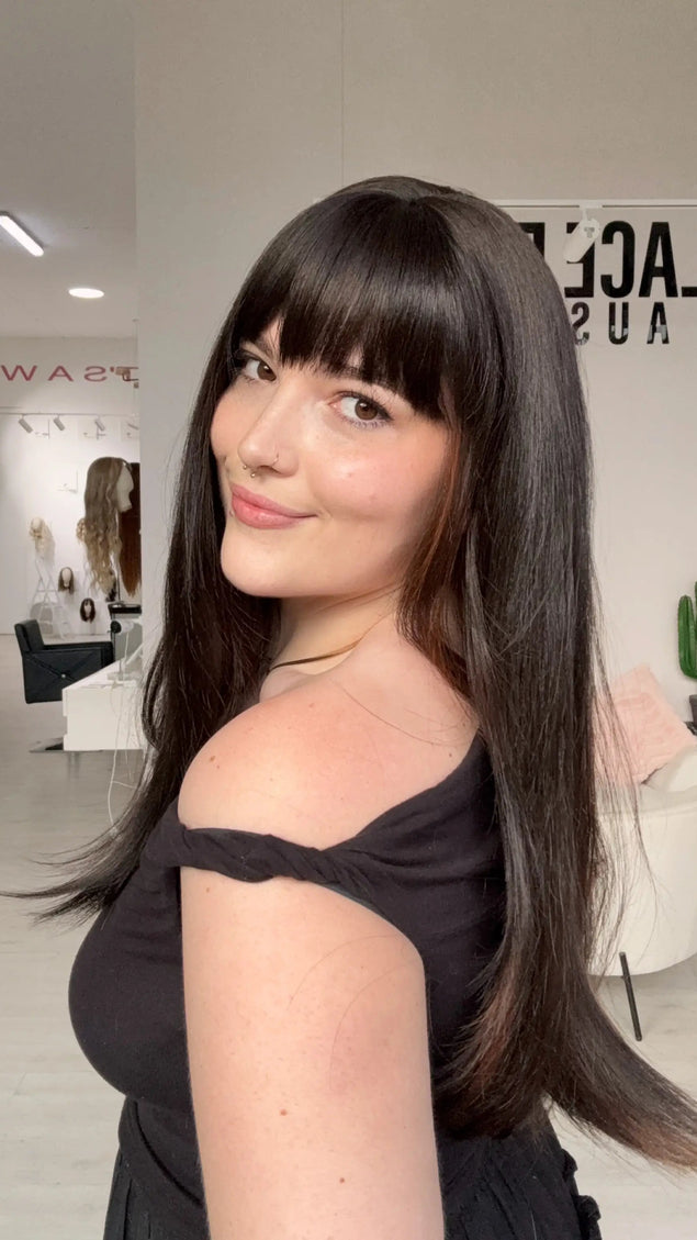 heat safe long dark brunette synthetic wig.