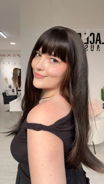 heat safe long dark brunette synthetic wig.