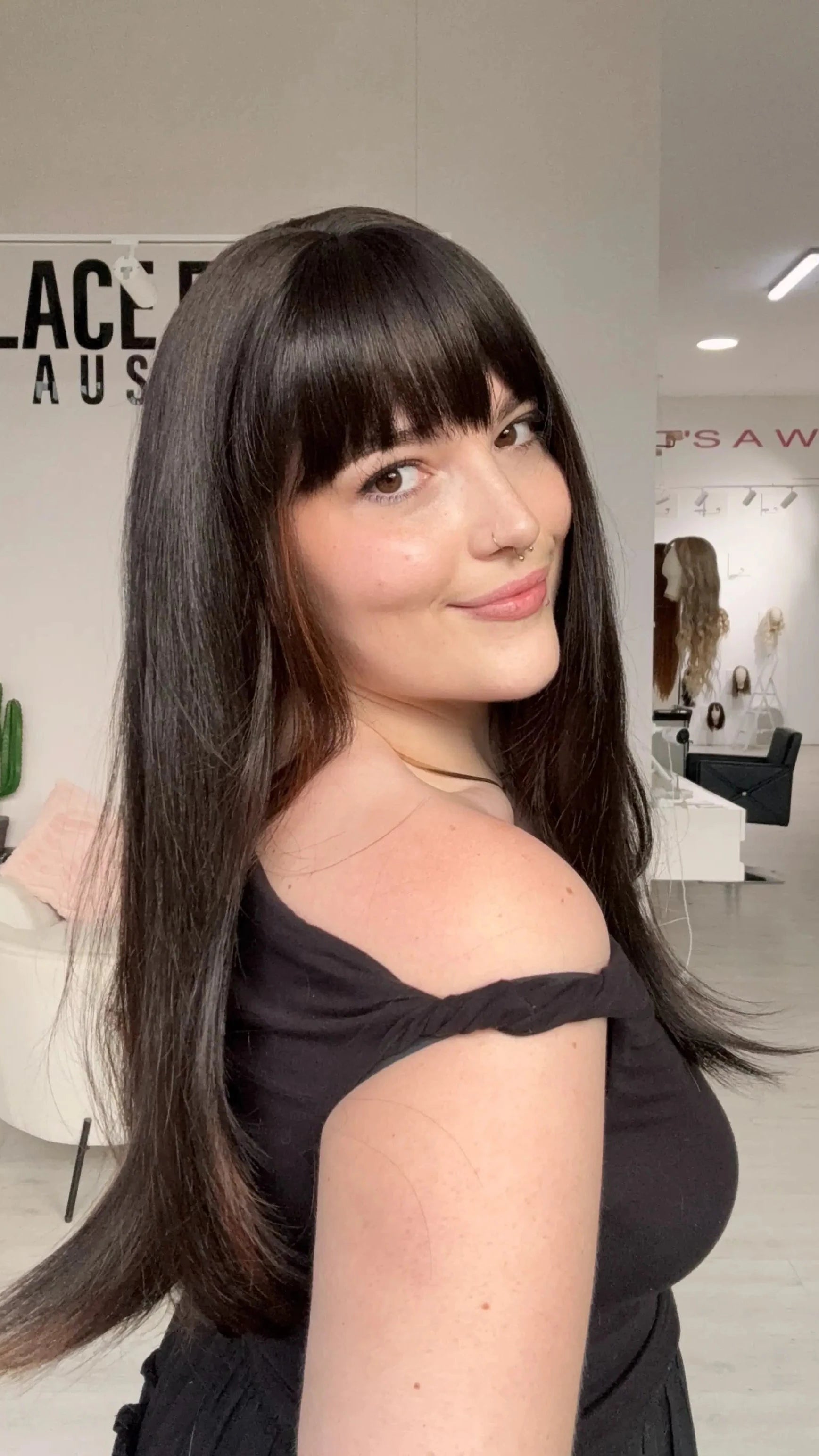 heat safe long dark brunette synthetic wig.