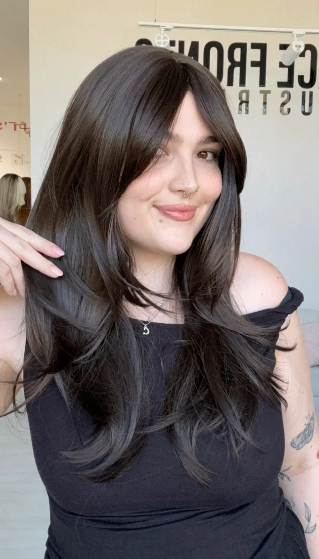 dark brunette wig with curtain bangs and layers, heat safe synthetic hair, glueless wig australia, dark brown hair.