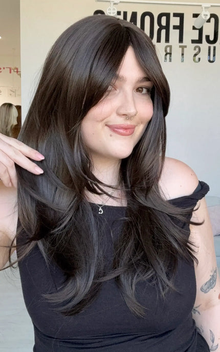 dark brunette wig with curtain bangs and layers, heat safe synthetic hair, glueless wig australia, dark brown hair.