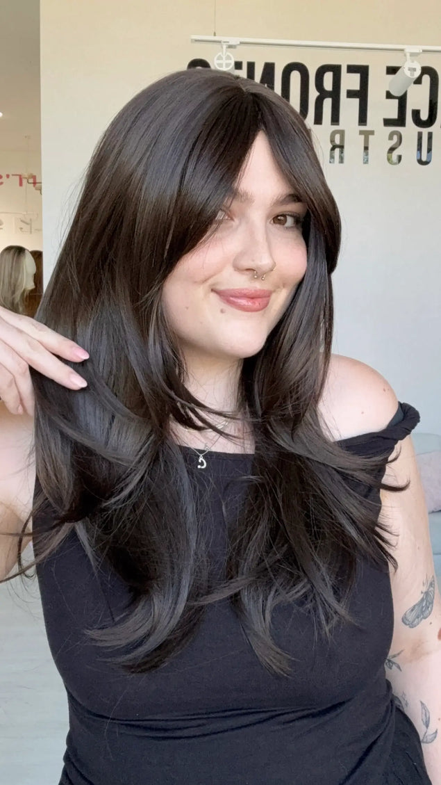 dark brunette wig with curtain bangs and layers, heat safe synthetic hair, glueless wig australia, dark brown hair.