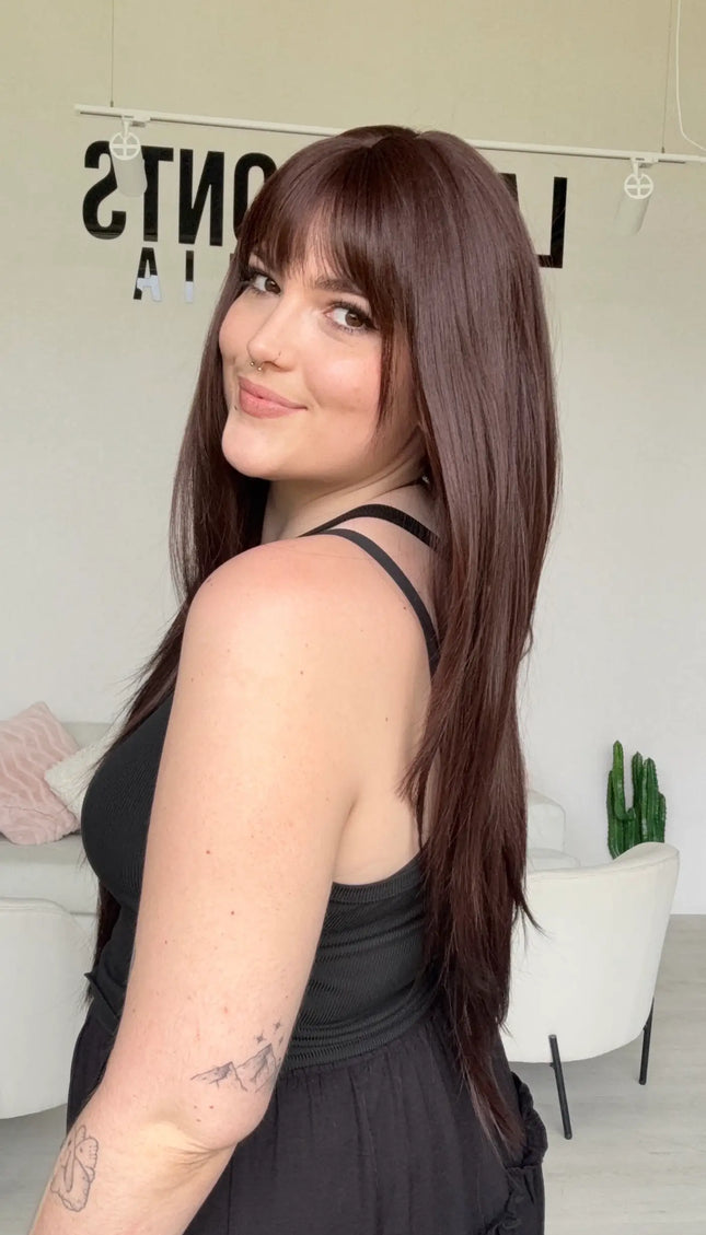 long layered burgundy synthetic wig with a glueless cap for easy everyday wear.