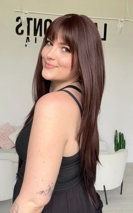 long layered burgundy synthetic wig with a glueless cap for easy everyday wear.
