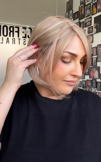 10 inch short bob synthetic, glueless wig, strawberry blonde colour, with fringe.