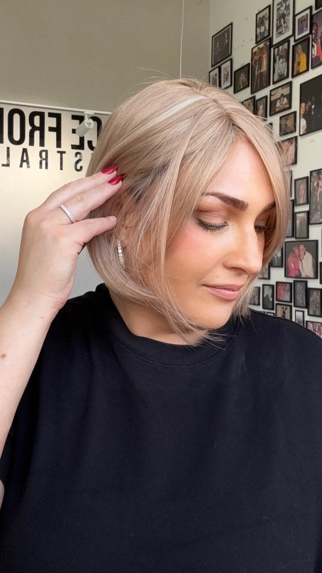 10 inch short bob synthetic, glueless wig, strawberry blonde colour, with fringe.
