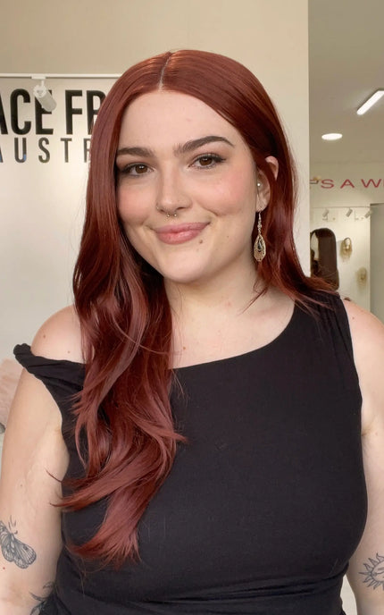 heat safe synthetic wig, glueless cap with red hair.
