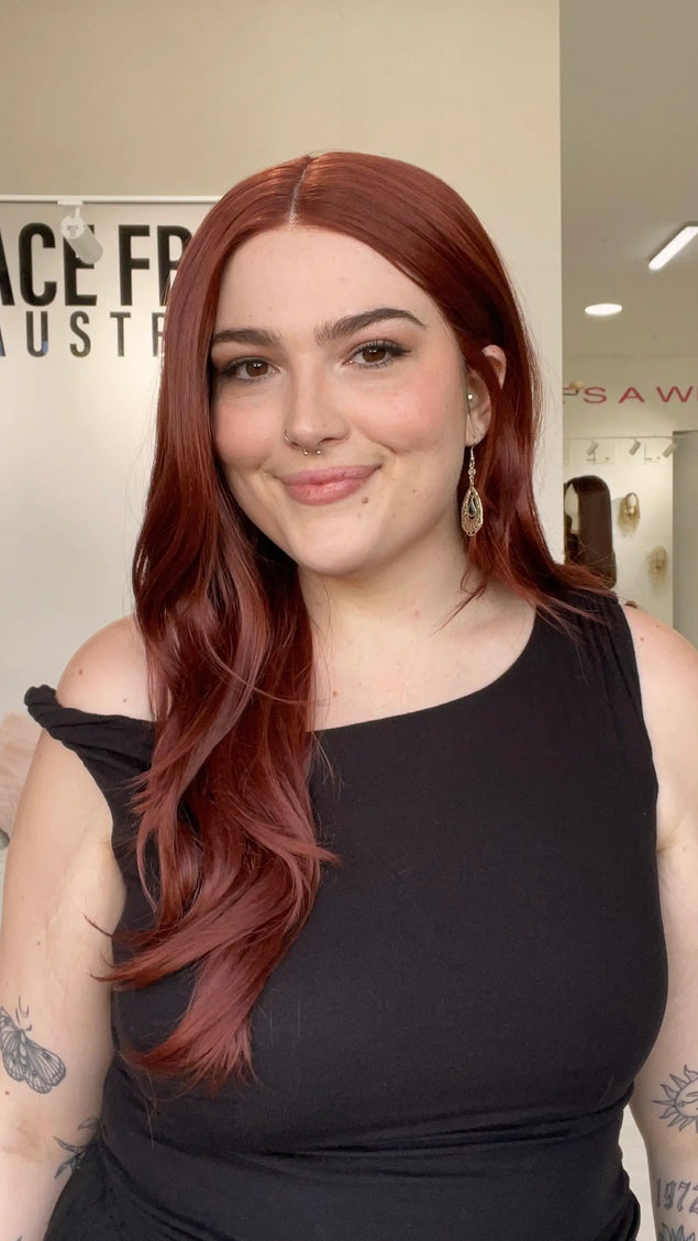 heat safe synthetic wig, glueless cap with red hair.