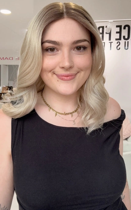 ready to wear ash blonde synthetic wig, golod coast australia, dark root to ash blonde colour.