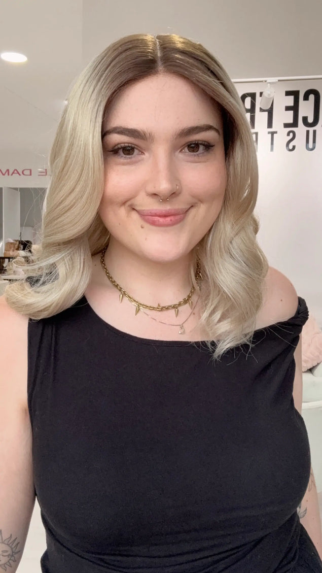 ready to wear ash blonde synthetic wig, golod coast australia, dark root to ash blonde colour.