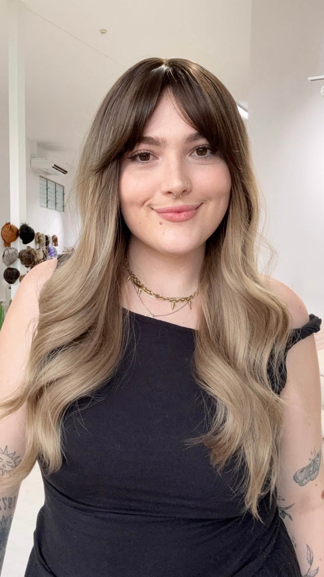 glueless wig ash ombre fringe wig, ready to wear. midde part wig, gold coast australia.