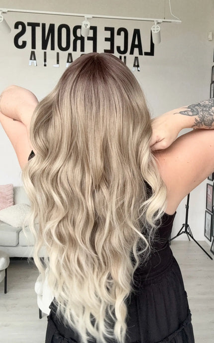 wavy ash ombre hair with dark root to light end, glueless synthetic wig australia.