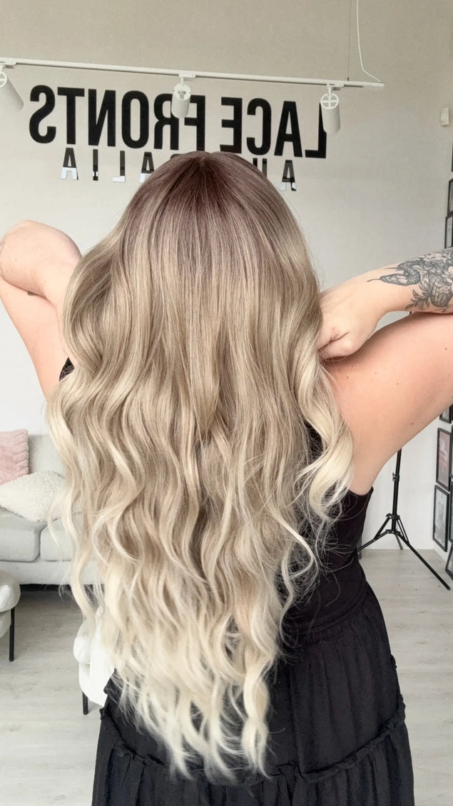wavy ash ombre hair with dark root to light end, glueless synthetic wig australia.