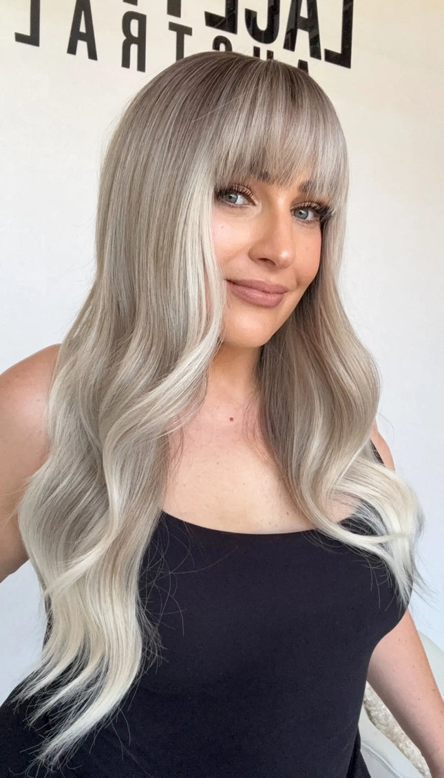 silver ombre topper with fringe and middle part, glueless synthetic topper australia.