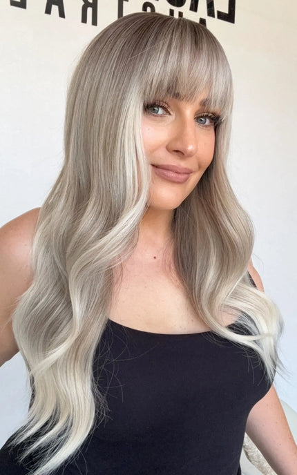 silver ombre topper with fringe and middle part, glueless synthetic topper australia.