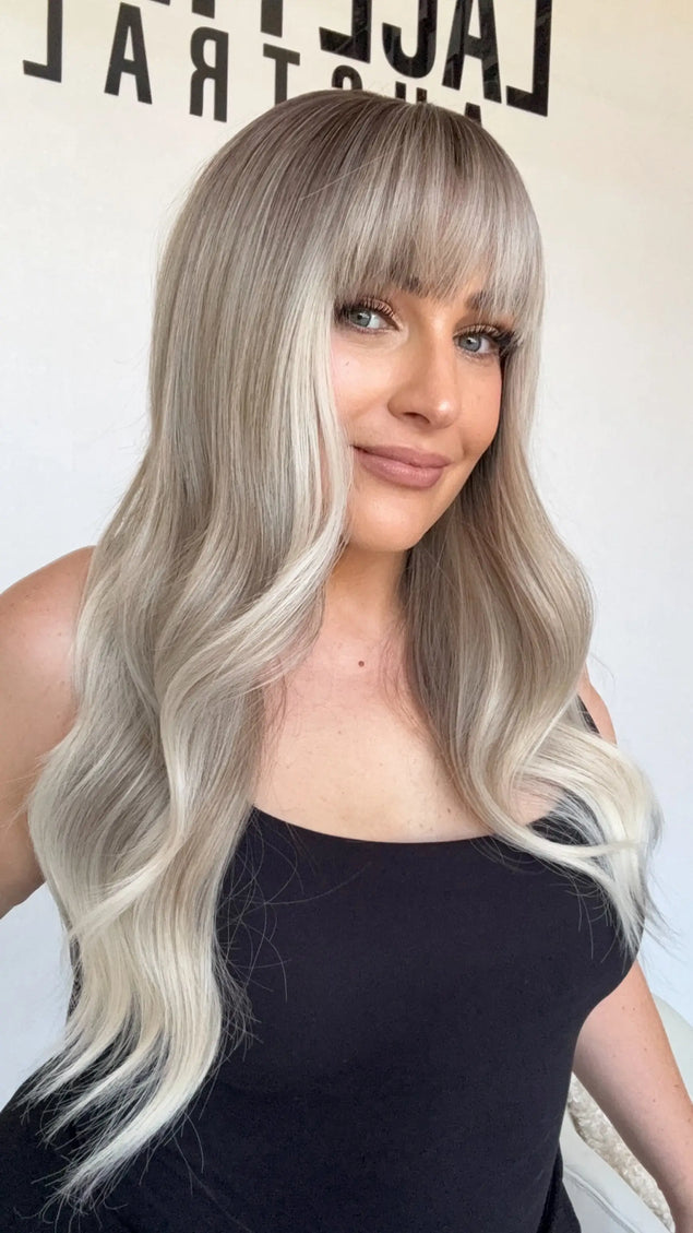 silver ombre topper with fringe and middle part, glueless synthetic topper australia.