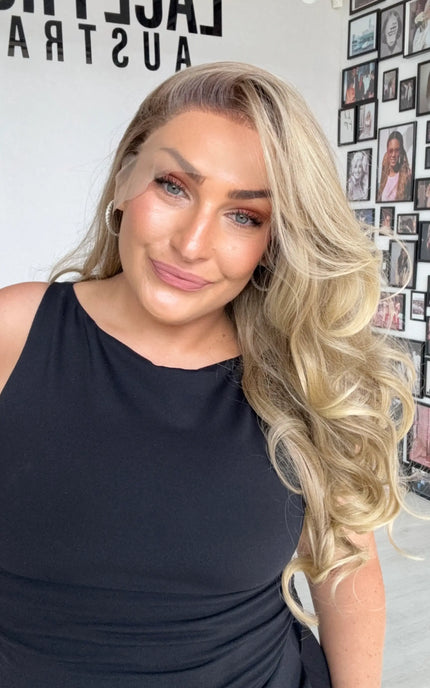 lace front darker root to warm blonde, warmer blonde colouring, heat safe and gluelss lace front wig australia.