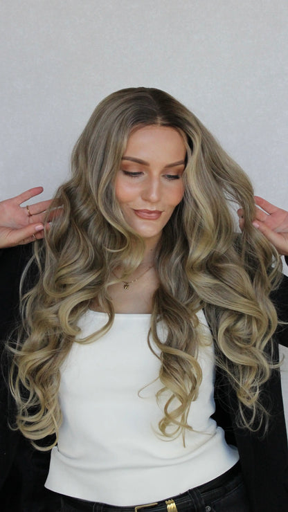 blonde synthetic lacefront witg, long curly hair, glueless, heat safe hair australia wigs.