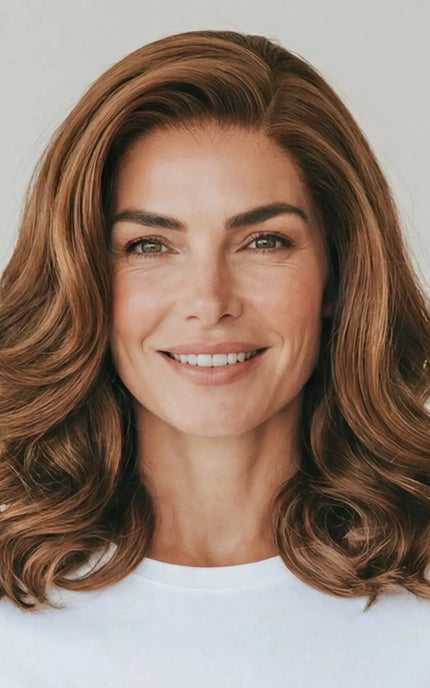 realistic highlighted brunette human hair wig for women with hairloss, alopecia, chemotherapy.