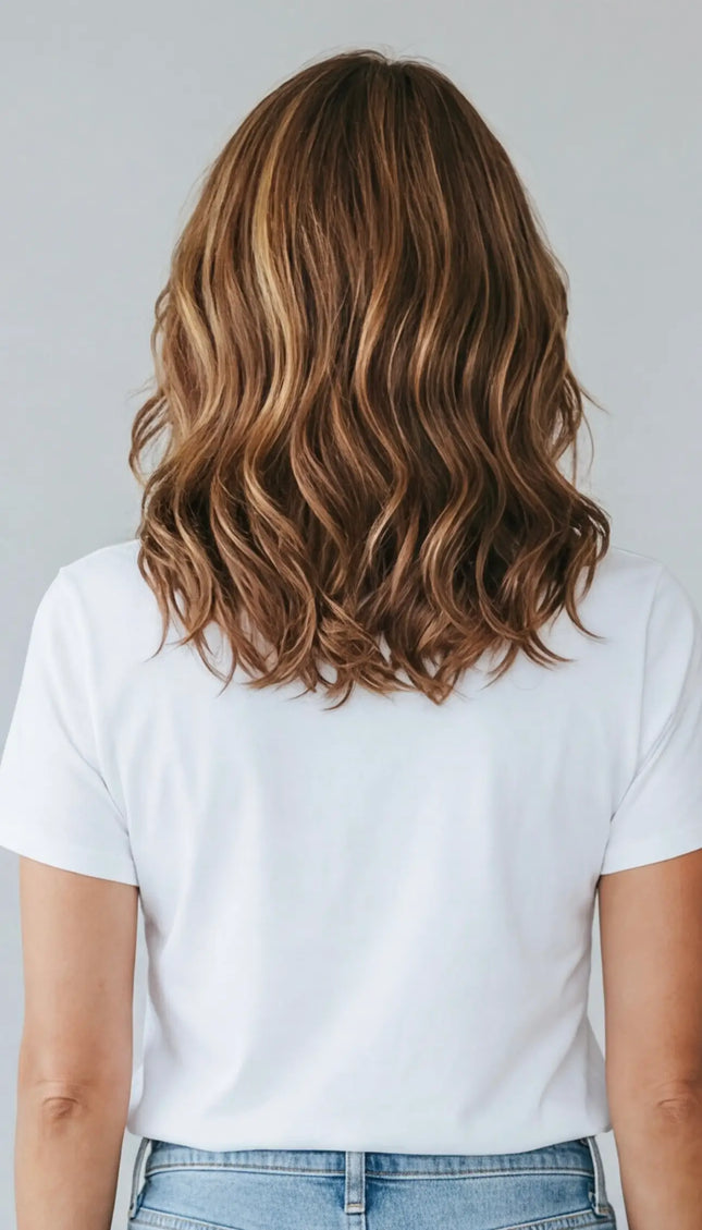highlighted warm brunette lace front wig with beginner easy to wear cap.